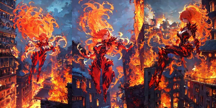 highly insanely detailed, masterpiece, top quality, best quality, highres, 4k, 8k, RAW photo, (very aesthetic, beautiful and aesthetic), ((a woman jumping from a building, floating, casting huge fire magic)),
<lora:WildfirezyraLoRA:1>,
(1girl, long hair, fire, fiery hair, glowing, vines around arms, spikes, armor)