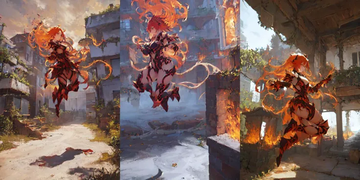 highly insanely detailed, masterpiece, top quality, best quality, highres, 4k, 8k, RAW photo, (very aesthetic, beautiful and aesthetic), ((a woman jumping from a building, floating, casting huge fire magic)),
<lora:WildfirezyraLoRA:1>,
(1girl, long hair, fire, fiery hair, glowing, vines around arms, spikes, armor)