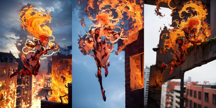 highly insanely detailed, masterpiece, top quality, best quality, highres, 4k, 8k, RAW photo, (very aesthetic, beautiful and aesthetic), ((a woman jumping from a building, floating, casting huge fire magic)),
<lora:WildfirezyraLoRA:1>,
(1girl, long hair, fire, fiery hair, glowing, vines around arms, spikes, armor)