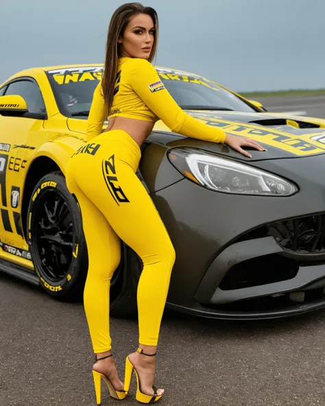 (detailed face), (photorealistic), (masterpiece), (photography), (realistic skin texture), (cinematic color grading)
<lora:Paddock_Girls_XL:1> young girl, paddock girl, yellow outfit, motorsports, alluring pose, cleavage, huge breasts, tuned car, toned legs, midriff, sponsors