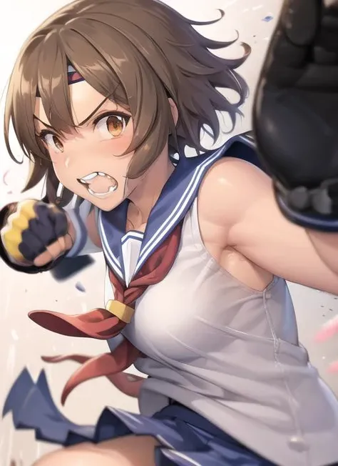 <lora:IncomingPunch2:0.7> IncomingPunch, 1girl, solo, short hair, brown hair, gloves, brown eyes, school uniform, teeth, serafuku, fingerless gloves, sailor collar, headband, blue sailor collar, clenched teeth, motion blur