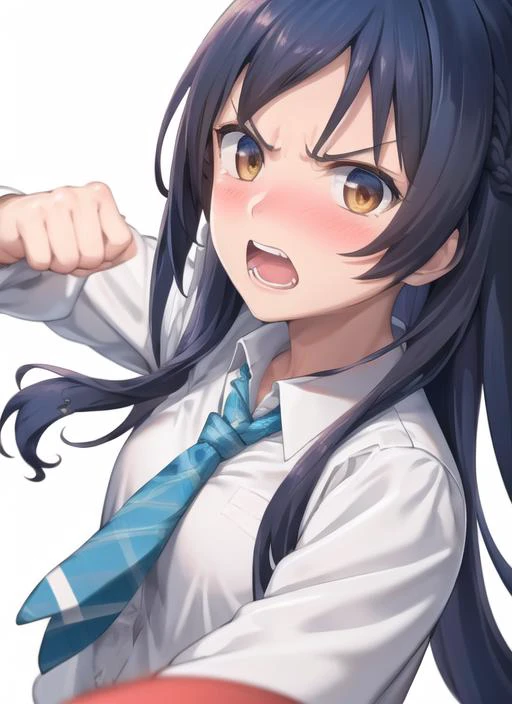 <lora:IncomingPunch2:0.7> IncomingPunch, 1girl, solo, long hair, looking at viewer, blush, open mouth, simple background, shirt, white background, brown eyes, school uniform, blue hair, white shirt, upper body, necktie, angry, clenched hands, blue necktie