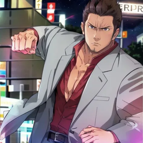 best quality, masterpiece, <lora:Kiryuu_Kazuma:0.8> kiryuu kazuma, ryuu ga gotoku (series), male focus, solo, 1boy, black hair, upper body, hair slicked back, pectoral cleavage, formal, belt, white suit, red shirt, angry aggressive face, nighttime, on a japanese street, buildings to side, detailed background, <lora:IncomingPunch2:0.7> incomingpunch, clenched hand, upper body