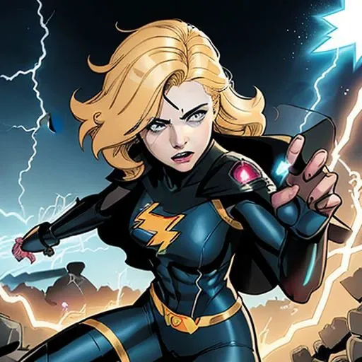 ((heroine, female superhero)), ((Storm (X-Men) + Elsa Jean)), ((superpowers)), ((cape)), ((tight costume)), ((blonde hair)), ((blue eyes)), ((curvy body)), ((muscular legs)), ((confident pose)), ((energy manipulation)), ((lightning bolts)), ((fighting)), ((skeleton monster)), ((villain)), ((battle scene)), ((dramatic lighting)), ((detailed background)), ((comic book style)), ((illustration)), ((best quality)), ((masterpiece)), ((highly detailed)), score\_9, score\_8\_up, score\_7\_up, artsy, high contrast, <lora:comic/dynamic\_comic\_panel:0.8> <lora:comic/marvel\_dc\_style:0.8> <lora:monster/horror\_skeletons:0.8>