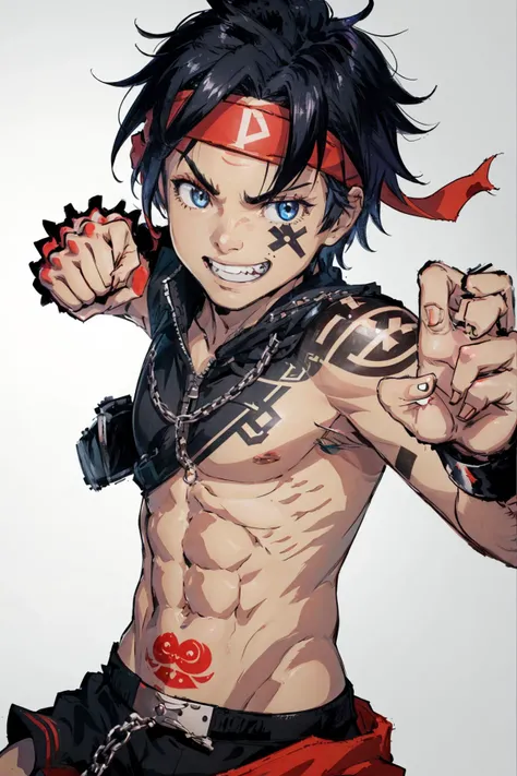 <lora:IncomingPunch2:0.7> (incomingpunch), 1boy,solo,black hair,red headband,face tattoo,grin,making fist,chainmail,