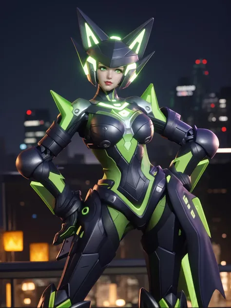 WZRYsunshangxiangMRJJ, 1girl, solo, green eyes, helmet, power armor, glowing, lips, standing,<lora:WZRYsunshangxiangMRJJ:0.75>,cityscape, night,mature female, looking at viewer, hand on hip, cowboy shot,
