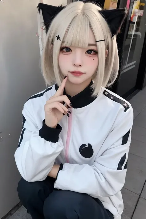 1girl, solo, hair ornament, looking at viewer, bangs, hairclip, short hair, long sleeves, blunt bangs, squatting, pink nails, pants, hand up, nail polish, black eyes, closed mouth, mole, white hair, lips, jacket, blonde hair, brown eyes, star (symbol) <lora:MYXHS_v1:0.5>,cat ears, long hair, mask,