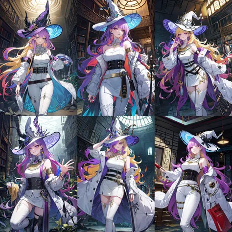 (otherworldly, otherworldly atmosphere, otherworldly appearance), highly insanely detailed, masterpiece, top quality, best quality, highres, 4k, 8k, RAW photo, ((ancient egyptian theme:1.2)), 
(long_hair, long hair, random colors hair, glowing hair, hair over one eye, long messy hair), 
(eyelashes, eyeliner, eyeshadow, eyelashes), 
collar, earrings, jewelry, necklace, armlet, 
tentacle, (underwater), nsfw, 
Homestay, Resort, Guest House, 
building, structure, still life, swirling energy, 
action pose, 
drunk, closed eyes, 
abandoned building, shopping mall, overgrown with vegetation, [volumetric fog], cinematic lighting, colorful, 
1girl, solo, <lora:diabellze-ygo-richy-v1:0.8>,  diabellze, blue eyes, blonde hair, purple hair, multicolored hair, witch hat, white coat, white bodysuit, multiple belts, parted lips, thigh boots, white pants, standing, indoors, dark, darkness, aura, library, looking at viewer, evil grin, wide-eyed, (fantasy world)
