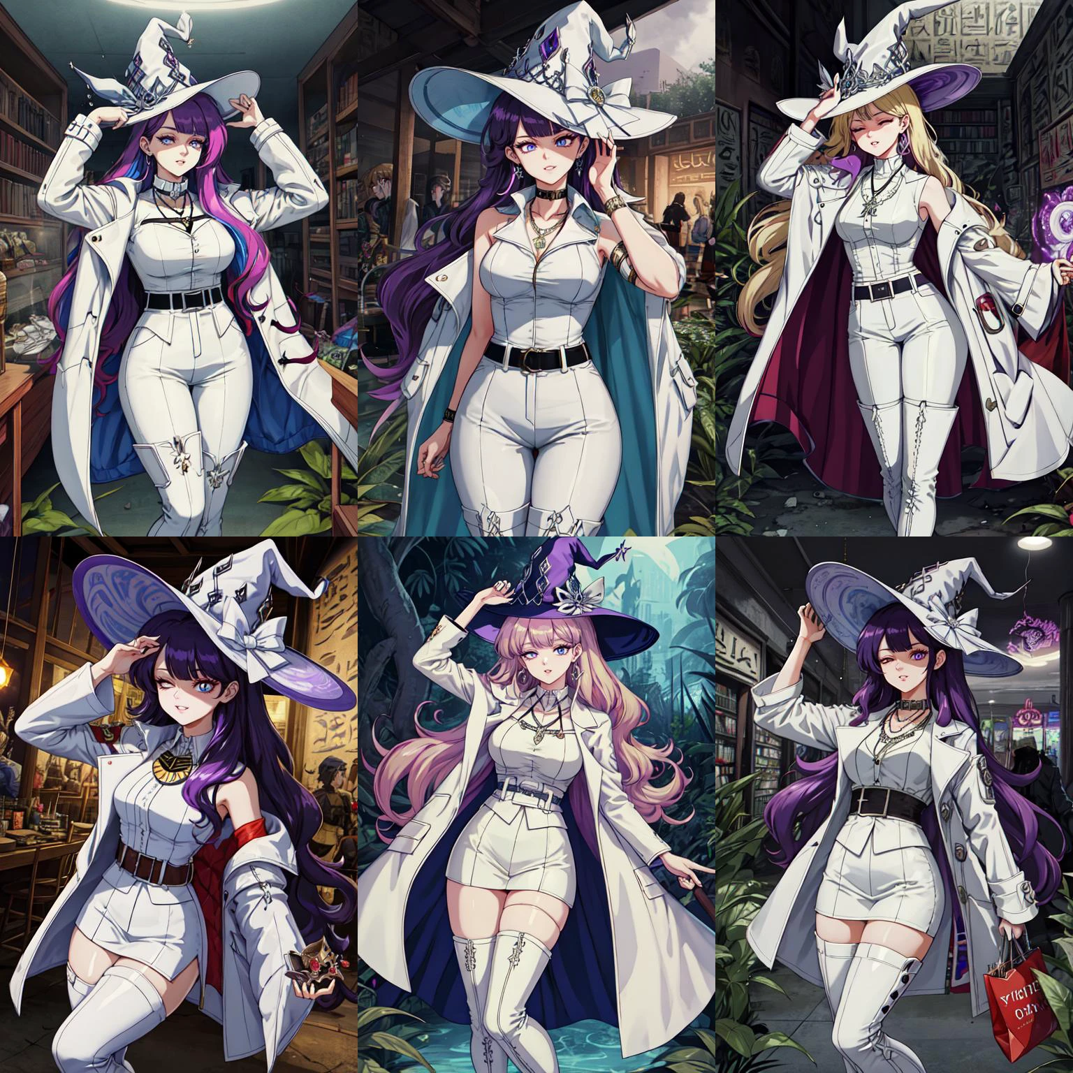 (otherworldly, otherworldly atmosphere, otherworldly appearance), highly insanely detailed, masterpiece, top quality, best quality, highres, 4k, 8k, RAW photo, ((ancient egyptian theme:1.2)), 
(long_hair, long hair, random colors hair, glowing hair, hair over one eye, long messy hair), 
(eyelashes, eyeliner, eyeshadow, eyelashes), 
collar, earrings, jewelry, necklace, armlet, 
tentacle, (underwater), nsfw, 
Homestay, Resort, Guest House, 
building, structure, still life, swirling energy, 
action pose, 
drunk, closed eyes, 
abandoned building, shopping mall, overgrown with vegetation, [volumetric fog], cinematic lighting, colorful, 
1girl, solo, <lora:diabellze-ygo-richy-v1:0.8>,  diabellze, blue eyes, blonde hair, purple hair, multicolored hair, witch hat, white coat, white bodysuit, multiple belts, parted lips, thigh boots, white pants, standing, indoors, dark, darkness, aura, library, looking at viewer, evil grin, wide-eyed, (fantasy world)