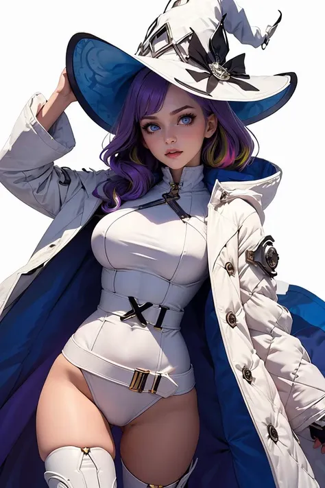 (masterpiece, best quality), 1girl,  <lora:diabellze-ygo-richy-v1:0.8> diabellze, blue eyes, blonde hair, purple hair, multicolored hair, witch hat, white coat, white bodysuit, multiple belts, thigh boots