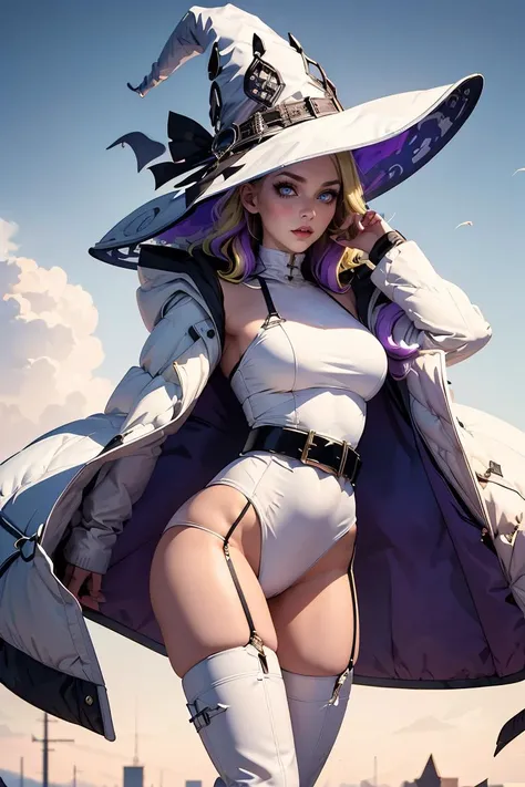 (masterpiece, best quality), 1girl, <lora:diabellze-ygo-richy-v1:0.8> diabellze, blue eyes, blonde hair, purple hair, multicolored hair, witch hat, white coat, white bodysuit, multiple belts, thigh boots