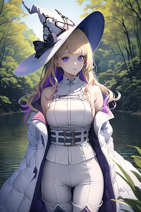 (best quality,absurd res:1.3),(warm lighting:1.2),1girl,intricate details,natural face,forest, river on background,
,
<lora:diabellze-ygo-richy-v1:0.8> diabellze, blue eyes, blonde hair, purple hair, multicolored hair, witch hat, white coat, white bodysuit, multiple belts, thigh boots