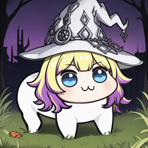 <lora:diabellze-ygo-richy-v1:1> diabellze, blue eyes, blonde hair, purple hair, multicolored hair, witch hat, white hat <lora:DoroX_V1:0.9> doro, creature, chibi, ;3, no humans, outdoors