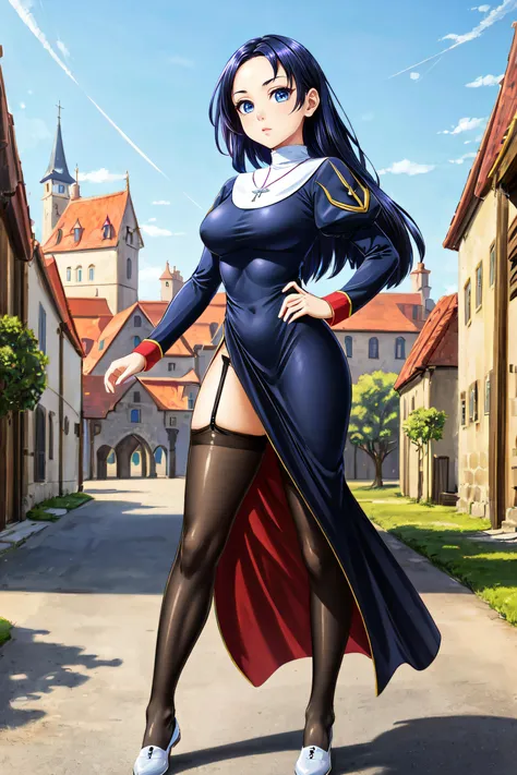 (masterpiece, best quality, ultra detailed, absurdres:1.5), 1girl, (sexy, beautiful woman, perfect face, perfect eyes, perfect female body, small breasts:1.5), (priestRO, long sleeves, pantyhose, thighhighs, garter belt, shoes, long dress, puffy sleeves, turtleneck, necklace, cross necklace, long hair, <lora:priestRoV1.3:0.8>), (standing, medieval, fantasy, outdoors, medieval town, castle in background), perfect lighting, smooth, hdr
