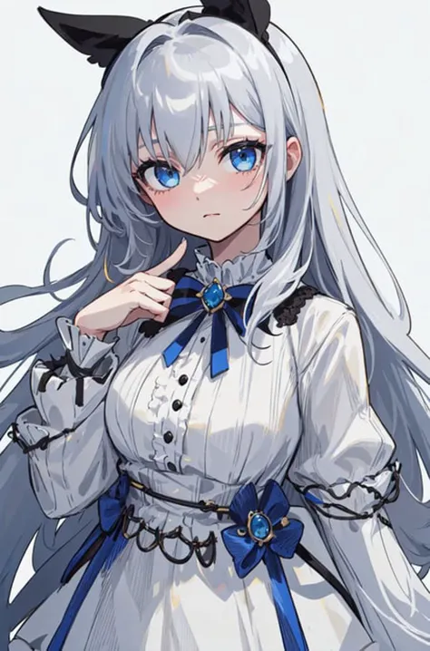 (finely detailed, distinct image, ultra resolution, extremely amazing detailed, awesome detailed), subsurface scattering, best ratio four finger and one thumb, masterpiece, best quility, high_quality, upper body, 1girl, solo, (white background:1.3), (simple background:1.3), long hair, gray hair, *//*, blue eye, *//*, white blouse, looking at viewer,