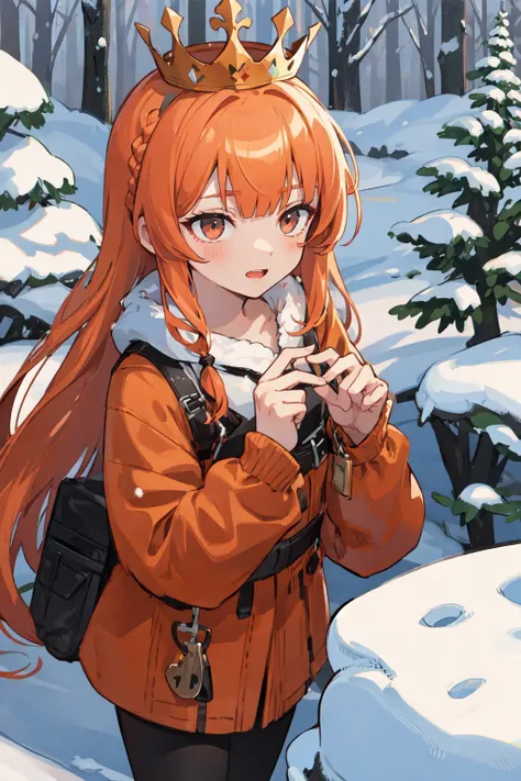 (finely detailed, distinct image, ultra resolution, extremely amazing detailed, awesome detailed), subsurface scattering, best ratio four finger and one thumb, masterpiece, best quility, high_quality, (1girl:1.2), solo, old (girl:1.4), orange hair, blunt bangs, very long hair, crown braid, black eyes, white skin, Taiga, pine trees, snow, wildlife, snowshoeing,
