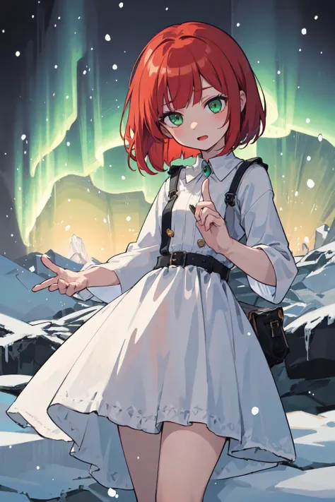 (finely detailed, distinct image, ultra resolution, extremely amazing detailed, awesome detailed), subsurface scattering, best ratio four finger and one thumb, masterpiece, best quility, high_quality, (1girl:1.2), solo, little (mother:1.2), red hair, medium hair, bob cut, green eyes, pale skin, Tundra, snow, ice, arctic animals, aurora borealis,