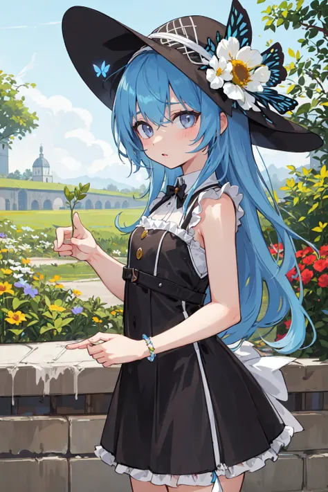 (finely detailed, distinct image, ultra resolution, extremely amazing detailed, awesome detailed), subsurface scattering, best ratio four finger and one thumb, masterpiece, best quility, high_quality, (1girl:1.2), solo, little (baby:1.2), sky blue hair, eyes visible through hair, gray eyes, white skin, Butterfly garden, butterflies, flowers, nets, sun hats,