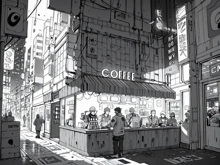 masterpiece, best quality, greyscale, monochrome, neon signs, coffee shop, (cyberpunk:1.2), rugged, unappealing, <lora:Lineart-v2.0:1>