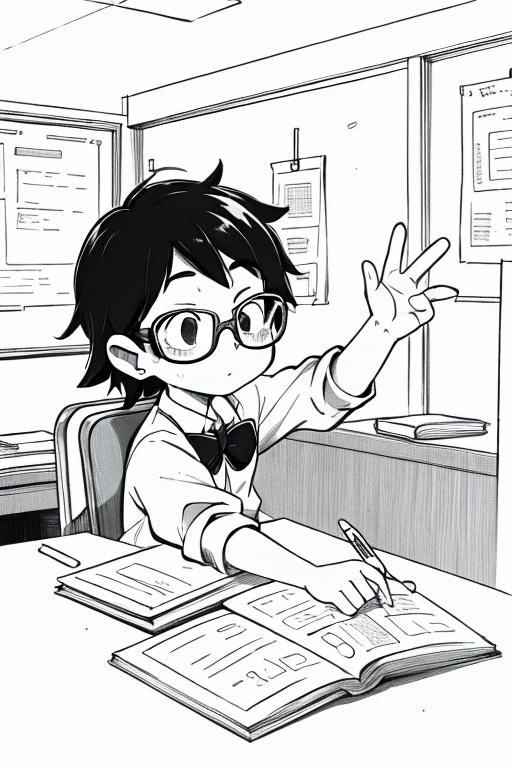 <lora:envybetterhandsLocon_alpha3:1>, <lora:Lineart-v2.0:1>, MONOCHROME, GREYSCALE, a with glasses going to school