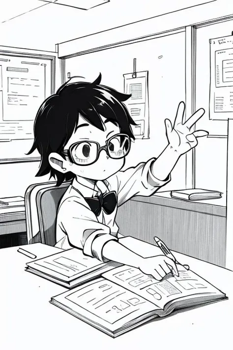 <lora:envybetterhandsLocon_alpha3:1>, <lora:Lineart-v2.0:1>, MONOCHROME, GREYSCALE, a kid with glasses going to school