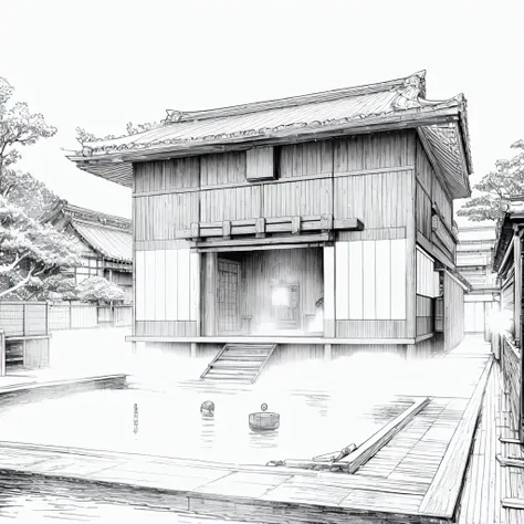 japanese bathhouse, monochrome, lineart,  <lora:Lineart-v2.0:1.0>