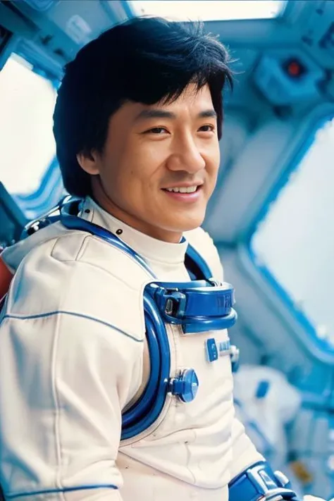 <lora:j4ck13ch4n_v1.0:0.9>, a detailed photo of a jchan man, Detailed face, smiling, (perfect eyes), (highly detailed skin:1.1), perfect body, ((wearing astronaut suit) , modelshoot, Professional Photography, soft lighting, PHOTOREALISTIC, standing in a spaceship room background, blurred background, RAW, analog, sharp focus, 8k, HD, high resolution, DSLR, high quality, Fujifilm XT3, film grain, award winning, masterpiece