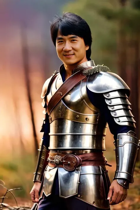 <lora:j4ck13ch4n_v1.0:0.8>, a detailed photo of a jchan man as ancient chinese warrior with metal armor , Detailed face, smiling, (perfect eyes), (highly detailed skin:1.1),  perfect body , modelshoot, Professional Photography, soft lighting, PHOTOREALISTIC, dramatic sunset, standing in a forest field background, blurred background, RAW, analog, sharp focus, 8k, HD, high resolution, DSLR, high quality, Fujifilm XT3, film grain, award winning, masterpiece