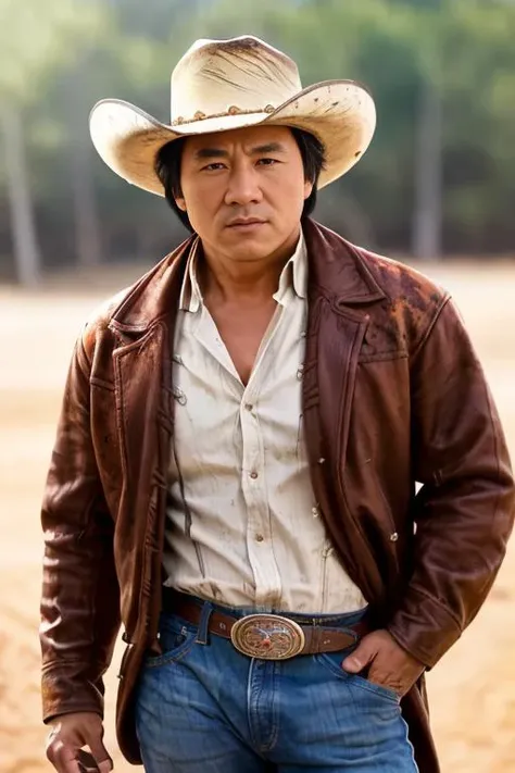 <lora:j4ck13ch4n_v1.0:0.8>, a full body portrait of a jchan man as western cowboy, ((light bokeh)), intricate, (rust), elegant, sunny, sharp focus, photo by greg rutkowski, soft lighting, vibrant colors, (masterpiece), ((wild west)), (detailed face), 8k, HD, high resolution, DSLR, high quality, Fujifilm XT3, film grain, award winning, as trending on artstation