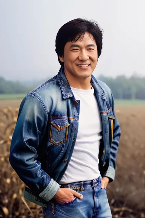 <lora:j4ck13ch4n_v1.0:0.8>, a realistic Full body portrait of a jchan man with messy hair, (Detailed face), (perfect eyes), (highly detailed skin:1.1), (Smiling:1.3), slim body, ((dressed as a farmer with old dirty jeans)) , Fashion Photography, soft lighting, PHOTOREALISTIC, Realistic, sunny, standing in a field with tall grass, trees in background, blurred background, volumetric fog, RAW, analog, sharp focus, 8k, high resolution, DSLR, high quality, Fujifilm XT3, film grain, award winning