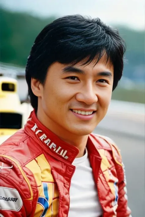 <lora:j4ck13ch4n_v1.0:0.8>, a realistic Full body portrait of a jchan man with messy hair, (Detailed face), (perfect eyes), (highly detailed skin:1.1), (Smiling:1.3), slim body, ((dressed as a Formula One race driver)) , Fashion Photography, soft lighting, PHOTOREALISTIC, Realistic, sunny, standing in front of a formula one race car in a racetrack background, blurred background, volumetric fog, RAW, analog, sharp focus, 8k, high resolution, DSLR, high quality, Fujifilm XT3, film grain, award winning