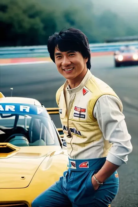 <lora:j4ck13ch4n_v1.0:0.9>, a realistic photo of a jchan man, (Detailed face), (perfect eyes), (highly detailed skin:1.1), (Smiling:1.3), slim body, ((dressed as a race car driver)) , Fashion Photography, soft lighting, PHOTOREALISTIC, Realistic, sunny, sitting in front of a race car background, blurred background, volumetric fog, RAW, analog, sharp focus, 8k, high resolution, DSLR, high quality, Fujifilm XT3, film grain, award winning