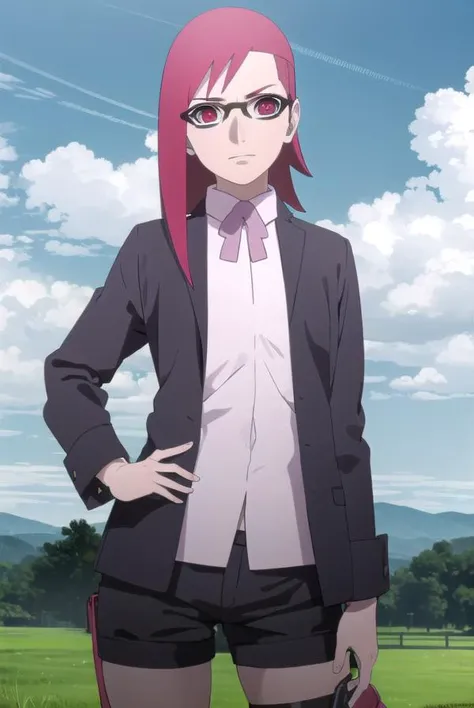 karinuzumaki, <lora:karin uzumaki-lora-nochekaiser:1>,
karin uzumaki, (red eyes:1.3), red hair, glasses,
BREAK shirt, shorts, wrist cuffs, black shorts, long sleeves,
BREAK outdoors, forest, nature, trees, sun, sky, clouds,
BREAK looking at viewer, (cowboy shot:1.5),
BREAK <lyco:GoodHands-beta2:1>, (masterpiece:1.2), best quality, high resolution, unity 8k wallpaper, (illustration:0.8), (beautiful detailed eyes:1.6), extremely detailed face, perfect lighting, extremely detailed CG, (perfect hands, perfect anatomy),