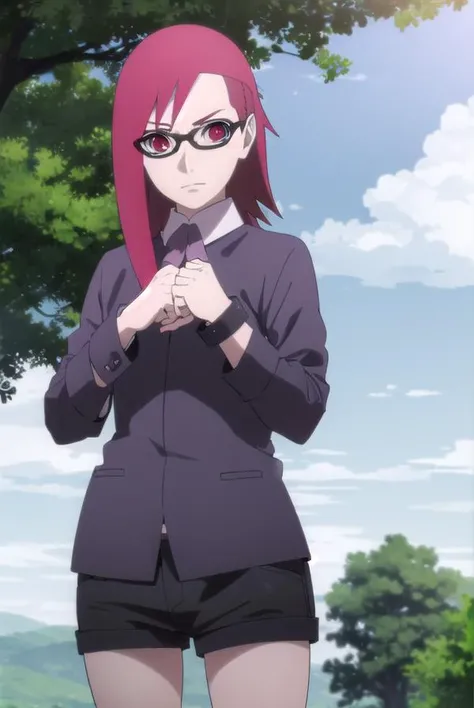 karinuzumaki, <lora:karin uzumaki-lora-nochekaiser:1>,
karin uzumaki, (red eyes:1.3), red hair, glasses,
BREAK shirt, shorts, wrist cuffs, black shorts, long sleeves,
BREAK outdoors, forest, nature, trees, sun, sky, clouds,
BREAK looking at viewer, (cowboy shot:1.5),
BREAK <lyco:GoodHands-beta2:1>, (masterpiece:1.2), best quality, high resolution, unity 8k wallpaper, (illustration:0.8), (beautiful detailed eyes:1.6), extremely detailed face, perfect lighting, extremely detailed CG, (perfect hands, perfect anatomy),