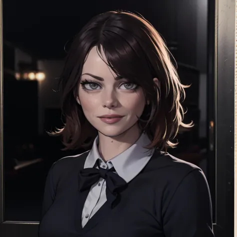 Best_QualityPos, RAW photo, intricate details, best quality, 8k uhd, soft lighting, 1girl, solo, emma stone, (black collared shirt:1.2), smile <lora:Emma_Stone_V2:0.7> <lora:LowRA:0.6>