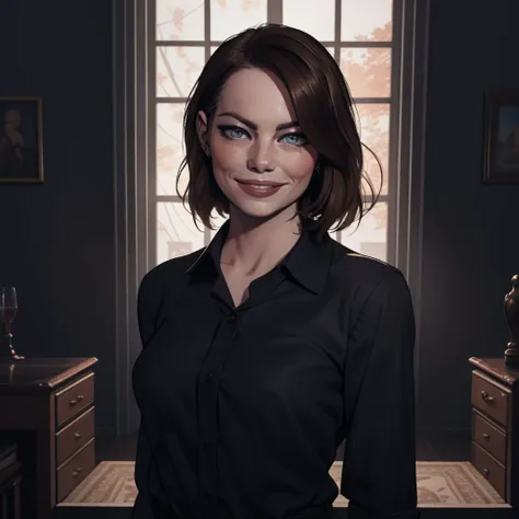 Best_QualityPos, RAW photo, intricate details, best quality, 8k uhd, soft lighting, 1girl, solo, emma stone, (black collared shirt:1.2), smile <lora:Emma_Stone_V2:0.7> <lora:LowRA:0.6>