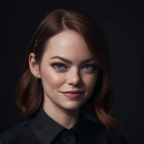 Best_QualityPos, RAW photo, intricate details, best quality, 8k uhd, soft lighting, 1girl, solo, emma stone, (black collared shirt:1.2), smile <lora:Emma_Stone_V2:0.7> <lora:LowRA:0.6>