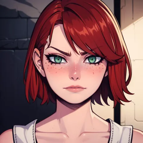 Best_QualityPos, RAW photo, intricate details, best quality, 8k uhd, soft lighting, 1girl, solo, green eyes, red hair, short hair, freckles, sad expressions <lora:Emma_Stone:0.7>