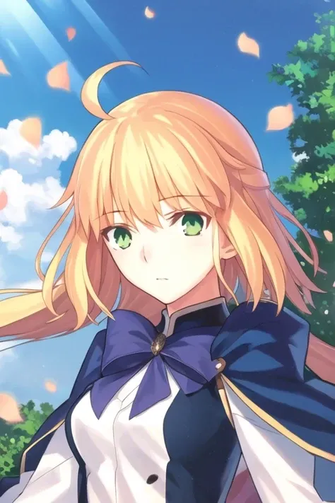 (1girl:1.2),solo focus, saberface, <lora:saber_v4:1>,
masterpiece,best quality,undersaturated,
lighting,beautiful detailed blue sky,petals, shining, outdoors ,
expressionless ,green eyes,blonde hair,ahoge,hand,
light rays ,detailed skin,