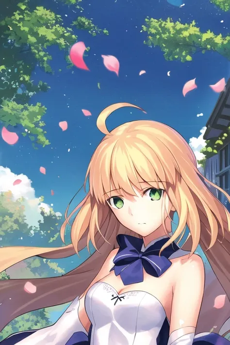 (1girl:1.2),solo focus, saberface, <lora:saber_v4:1>,
masterpiece,best quality,undersaturated,
lighting,beautiful detailed blue sky,petals, shining, outdoors ,
expressionless ,green eyes,blonde hair,ahoge,hand,
light rays ,detailed skin,