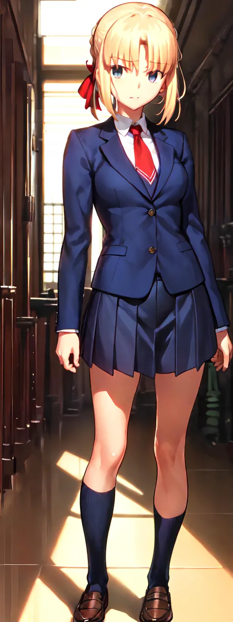 masterpiece, type-moon, 1girl, solo, from front, wide shot, (full body:1.1), saber, blonde hair, saberface, standing, classroom, indoors, school uniform, blazer, long sleeves, red necktie, brown loafers, <lora:saber_v4:0.8>