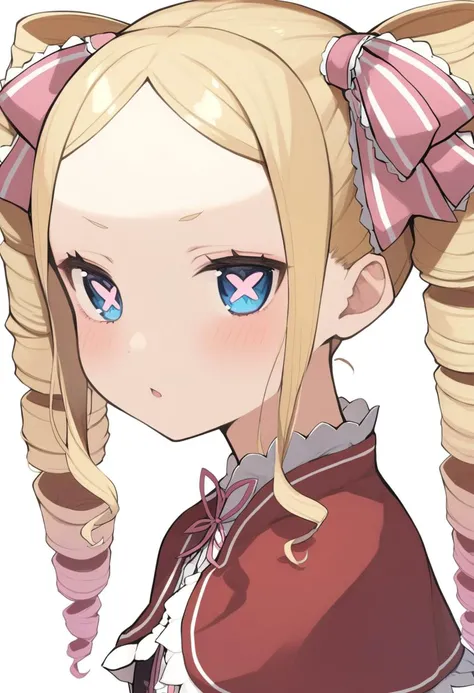 1girl, beatrice \(re:zero\), blonde hair, blue eyes, capelet, drill hair, hair ribbon, koraso f, long hair, looking at viewer, portrait, ribbon, sidelocks, solo, symbol-shaped pupils, twin drills, white background, masterpiece, best quality, <lora:Char - Beatrice (rezero) - v0.8 - Bionagato:1>