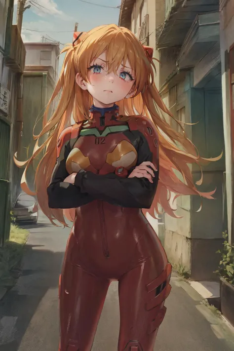 (masterpiece, top quality, extremely detailed, best quality, beautiful and aesthetic:1.2), (1girl:1.3), official art, solo, high resolution, <lora:eitopondo+NAI3-000010:1> eitopondo+, <lora:souryuu_asuka_langley:0.8> souryuu_asuka_langley, plugsuit, bodysuit, interface headset, red bodysuit, hair between eyes, pilot suit <lora:disgusted:0.8> disgusted face, from below, looking at viewer, crossed arms, alleyway, dawn,