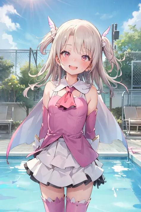 (masterpiece, top quality, extremely detailed, best quality, beautiful and aesthetic:1.2), (1girl:1.3), official art, solo, high resolution, <lora:eitopondo+NAI3-000010:1> eitopondo+, <lora:illyasviel_von_einzbern_(fate_kaleid_liner)_v1:0.7> aaillya, long hair, two side up, hair ornament, small breasts, magical girl, cape, yellow ascot, pink dress, sleeveless, detached sleeves, white gloves, white skirt, pink thighhighs, straight-on, poolside, windy, v, peace sign, giggling