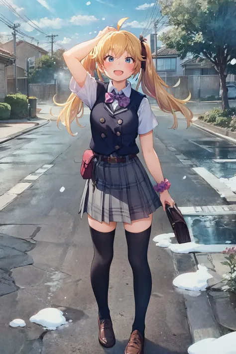 (masterpiece, top quality, extremely detailed, best quality, beautiful and aesthetic:1.2), (1girl:1.3), official art, solo, high resolution, <lora:eitopondo+NAI3-000010:1> eitopondo+, <lora:Matsushima Michiru(gr):1> Matsushima Michiru, ahoge,long hair,blonde hair,twintails,hair ribbon,black ribbon,floating hair,sidelocks,hair between eyes,blue eyes,:3, school uniform,black vest,buttons,red bowtie,plaid bowtie,collared shirt,white shirt,short sleeves,wrist scrunchie,medium breasts,fanny pack,belt pouch,red skirt,plaid skirt,zettai ryouiki,black thighhighs,loafers, from above, creek, snowing, stretching, :D