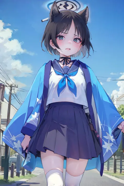 (masterpiece, top quality, extremely detailed, best quality, beautiful and aesthetic:1.2), (1girl:1.3), official art, solo, high resolution, <lora:eitopondo+NAI3-000010:1> eitopondo+, from below, looking at viewer, outdoors, crowded, street, cloudy sky,  <lora:disgusted:0.8> disgusted face  <lora:Hoseki_BlueArchive_KikyouKiryuu_v1:1> kikyou kiryuu, halo, black hair, short hair, choker, japanese clothes, blue kimono, white serafuku, blue neckerchief, black skirt, white socks, sailor collar