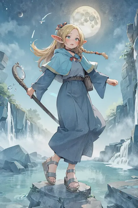(masterpiece, top quality, extremely detailed, best quality, beautiful and aesthetic:1.2), (1girl:1.3), official art, solo, high resolution, <lora:eitopondo+NAI3-000010:1> eitopondo+, <lora:marcille_donato:0.7> marcille donato,elf,pointy ears,long hair,twin braids,hair ribbon,red choker,blue capelet,robe,long dress,blue dress,long sleeves,red ribbon,belt,wide sleeves,skirt,pants,pants under skirt,sandals,white footwear, panorama, waterfall, night, moon, (dynamic pose:1.2), skin fang