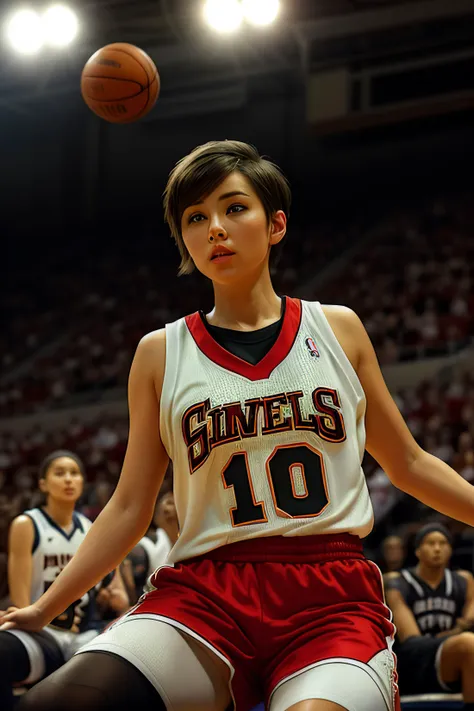 photo of (s4u700:0.99), a woman as a sexy basketball player, ((perfect short hair)), ((bob hair)), ((puckered lips;1.2)),modelshoot style, (extremely detailed CG unity 8k wallpaper), photo of the most beautiful artwork in the world, professional majestic oil painting by Ed Blinkey, Atey Ghailan, Studio Ghibli, by Jeremy Mann, Greg Manchess, Antonio Moro, trending on ArtStation, trending on CGSociety, Intricate, High Detail, Sharp focus, dramatic, photorealistic painting art by midjourney and greg rutkowski, (basketball_uniform:1.2), (basketball shorts:1.2), (sneakers), (on the basketball_court ), (( dribbling_\(basketball\) )), (basketball), ((in a basketball stadium )), (( crowd sitting on the bleachers )), (basketball game), (looking directly at camera:1.3), (detailed pupils:1.3), (modern outfit:1.2), (closeup), dimly lit, <lora:epiNoiseoffset_v2:1.2>