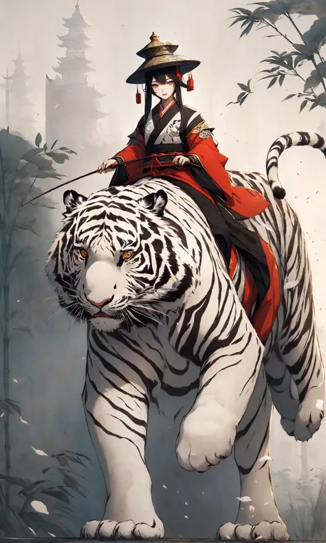 A stunning Chinese beauty in traditional Hanfu attire riding a massive tiger, carrying a large gourd,
in the style of Chinese ink paintingEast Asian architecture
1girl,  solo,  Bamboo hat, (white tiger:1.6),
<lora:Riding a giant tiger_20230822144927:0.8>