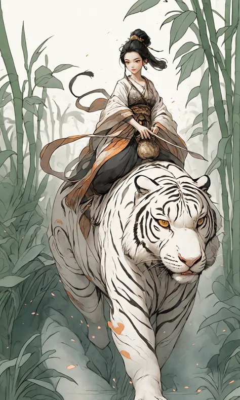 A stunning Chinese beauty in traditional Hanfu attire riding a massive tiger, carrying a large gourd,
in the style of Chinese ink paintingEast Asian architecture
1girl,  solo,  Bamboo hat, (white tiger:1.6),
<lora:Riding a giant tiger_20230822144927:0.8>